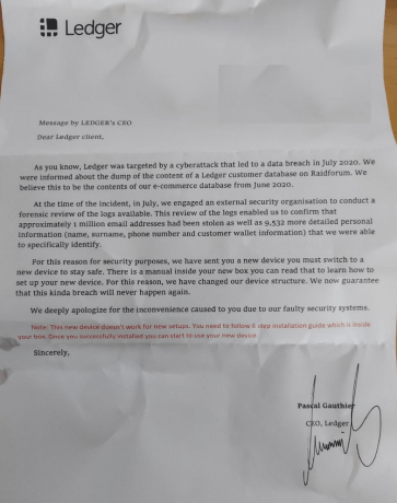 Ledger scam letter sent to the user explaining the reason for the replacement