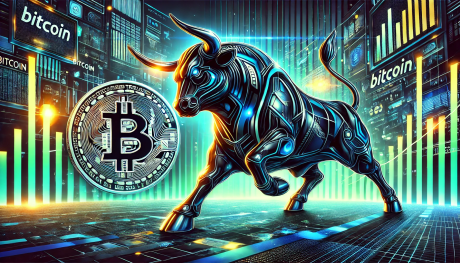 crypto bull run depicted as a cyberpunk bull with bitcoin imagery