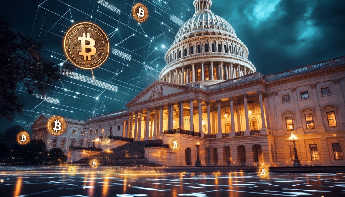 ビットコインが浮かぶ架空の米国会議事堂