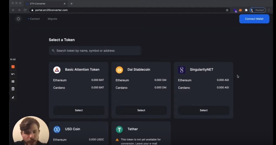 Cardano erc-20 conveter screenshot